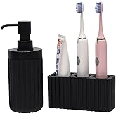 Suanti 2PCS Bathroom Accessories Set with Large-Opening Ribbed Soap Dispenser and 3 Compartment Toothbrush&Toothpaste Holder,Resin Farmhouse Bathroom Decor Set Countertop Organizer-Matte Black