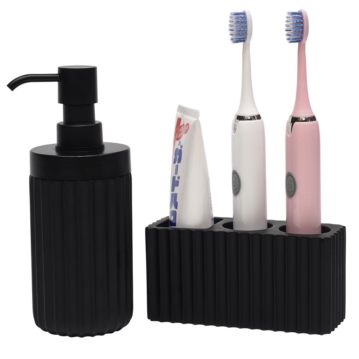 Suanti 2PCS Bathroom Accessories Set with Large-Opening Ribbed Soap Dispenser and 3 Compartment Toothbrush&Toothpaste Holder,Resin Farmhouse Bathroom Decor Set Countertop Organizer-Matte Black