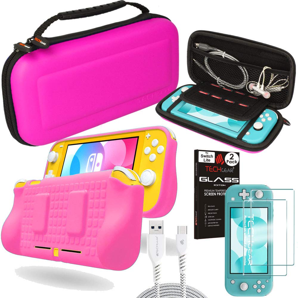 TECHGEAR Switch Lite Accessory Bundle - Case and Screen Protector for Nintendo Switch Lite, Hard Protective Carry Travel & Storage Case Cover, Ergo Grip Case, 2x Tempered Glass & 2m USB Cable [PINK]