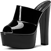 NobleOnly Womens Platform Chunky Block Heels Sandals Peep Toe Slip-on Mules Slides High Heeled Sandals Dress Party Shoes 5.9 Inches Heels