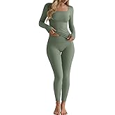 Oakgarden Women's 2 Piece Workout Sets Long Sleeve Square Neck Yoga Workout Tops Leggings Thumb Hole Tight Outfits