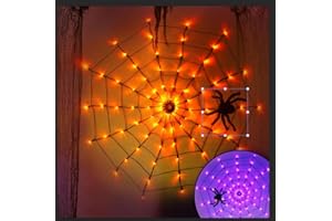 PEIDUO Spider Webs Halloween Decorations, 4FT 84LED Light up Spider Web, Net Lights with 8 Modes, Party Yard Haunted House Window Indoor Decor, Halloween Lighted Decorations Outdoor(Orange & Purple)
