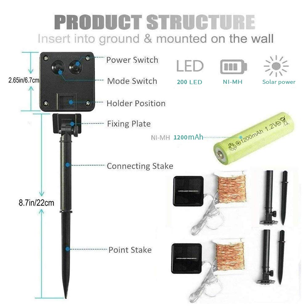 Inshere Upgraded Solar String Lights, 2 Pack of 66ft 200LED Outdoor Waterproof Fairy Copper Wire Lights with 8 Modes for Home Patio Yard Party Wedding Halloween Christmas Decor(Warm White)