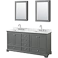 Wyndham Collection Deborah 72 inch Double Bathroom Vanity in Dark Gray, White Carrara Marble Countertop, Undermount Square Sinks, and Medicine Cabinets
