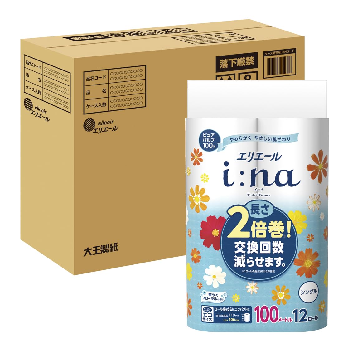 【Amazon.co.jp限定】 エリエール トイレットペーパー i:na(イーナ) 2倍巻き 100m×36ロール(12ロール×3パック) シングル パルプ100% 華やぐフローラルの香り 【ハーフケース】商品画像