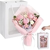 Homaisson Crochet Flower Bouquet, Handmade Knitted Tulip Bouquet with Carry Bag, Pink Artificial Yarn Flower, Elegant Decoration with Ribbon, Ideal for Weddings, Anniversaries, Events