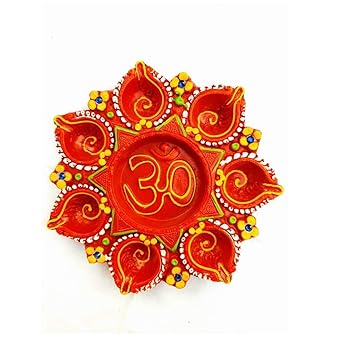 Ganesh Puja Thali Diya Diwali Decoration Handmade Earthen Clay Terracotta Decorative Diya 7 Thali | OM Diya Thali for Good Health and Wealth | Tealight Candle Festival Diya Oil Lamps.