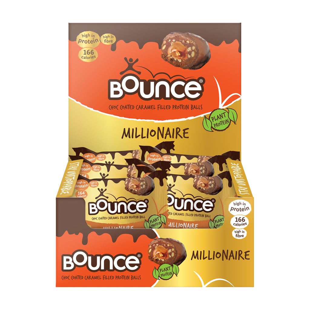Bounce Caramel Millionaire Plant Protein Balls, Coated in Smooth Dark Chocolate, 12 x 40g Individual Vegan Protein Balls