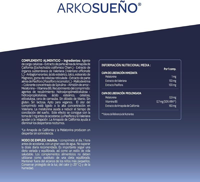 Arkosueño Forte 8h 30 comprimidos Melatonina 1,9mg Valeriana
