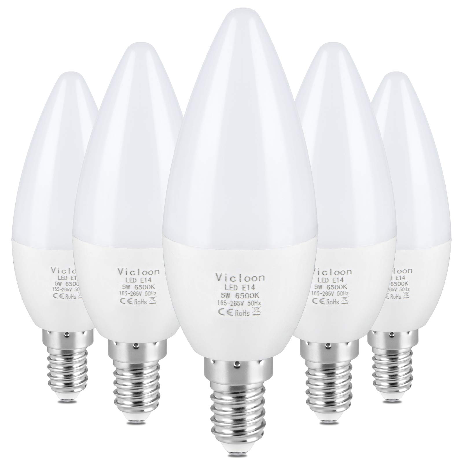 Vicloon E14 LED Candle Bulbs, 5 Pcs 5.5W C37 E14 LED Bulbs, 40W Incandescent Bulb Equivalent, Cold White 6500K, 500LM, C37 SES Small Screw Bulbs, No Dimmable