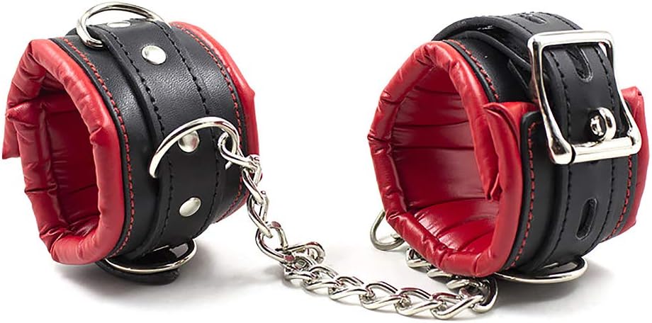 KIMMAO Black Leather and red Sponge Single Hand Row Nail Chain Link Cuffs