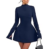 YMDUCH Women's Elegant Long Sleeve Mock Neck Backless A-line Party Mini Dress