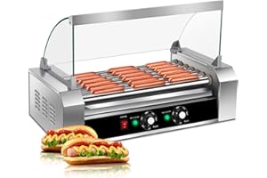 KOTEK Hot Dog Roller Machine, 18 Hot Dog and 7 Non-Stick Roller, Sausage Grill Cooker Machine with Glass Cover, Drip Tray, Du