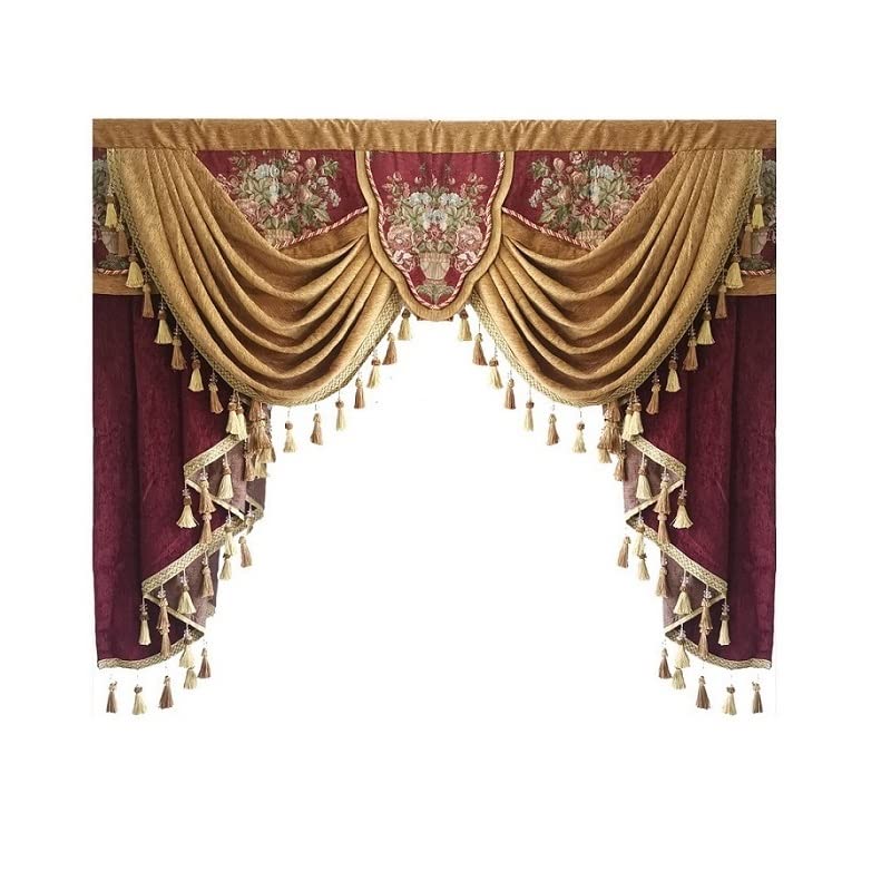 Photo 1 of Risuho Luxury Brown Burgundy Floral Waterfall Swag Valance with Tassels for Living Room Bedroom Windows European Design Rod Pocket Top (150 cm, 1 Panel)