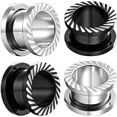 ARTFAN Black Silver Ear Gauges, 4PCS Stainless Steel Screw Plugs Tunnels Gauges for Stretched Ears, Ear Gauges Stretcher for Women Men, Hypoallergenic Body Piercing Jewelry