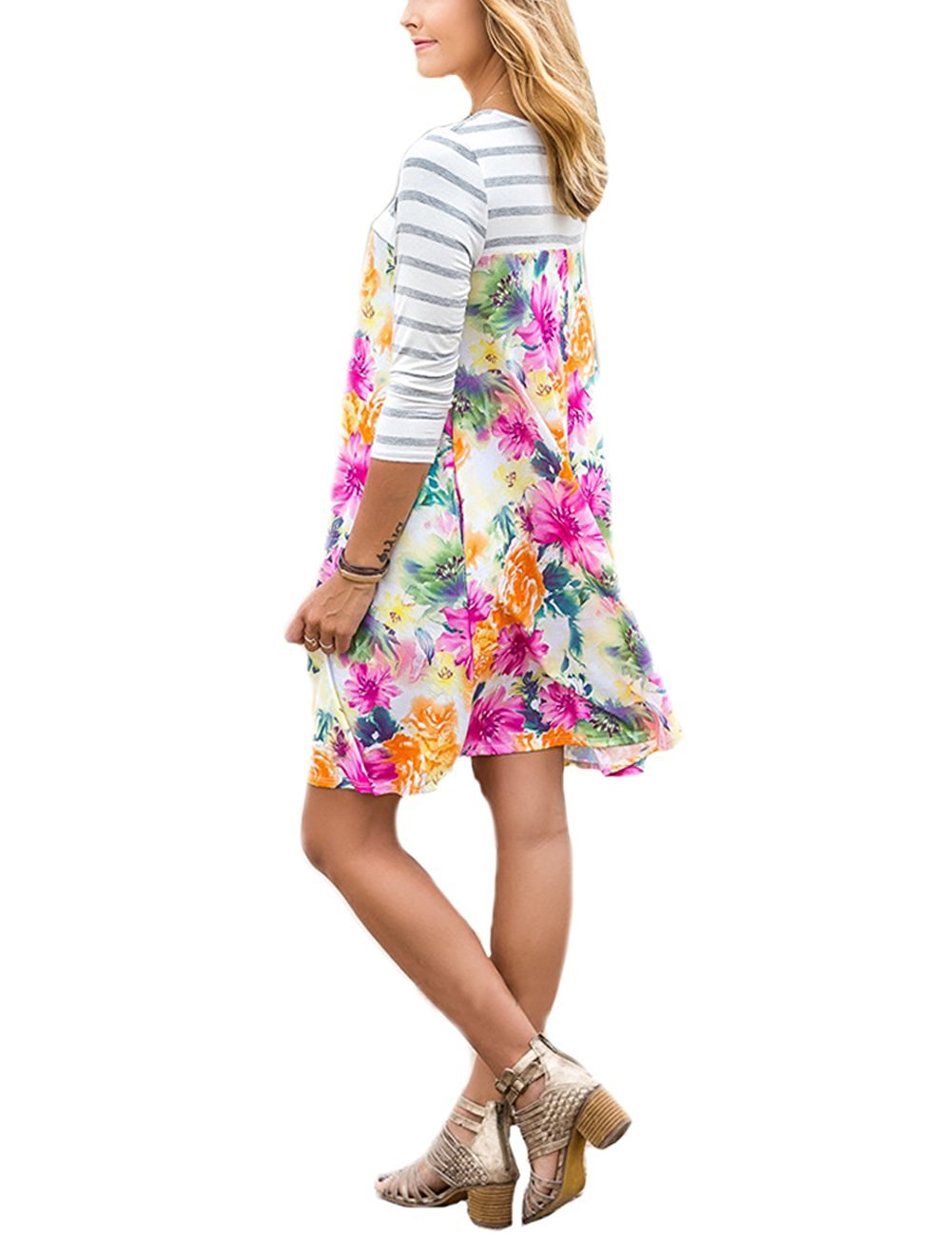 Women\'s Long Sleeve Floral Casual Striped T-Shirt Swing Dress with Pockets Orange M