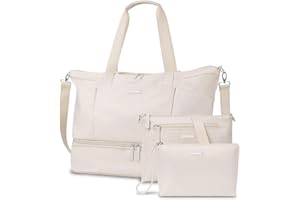ETRONIK Expandable Weekender Bag for Women, Travel Duffel Bag with Shoe Compartment, Gym Bag with Wet Pocket, Carry On Tote Bag for Women Travel Airplanes 3Pcs Set, Beige