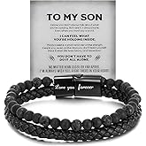 DIOWUS The Guardian - Son's Tiger Eye Protection Bracelets For Men, Leather Black Beaded Bangle Engarved With Love You Forever Cuff Jewelry Gift for Birthday Christmas