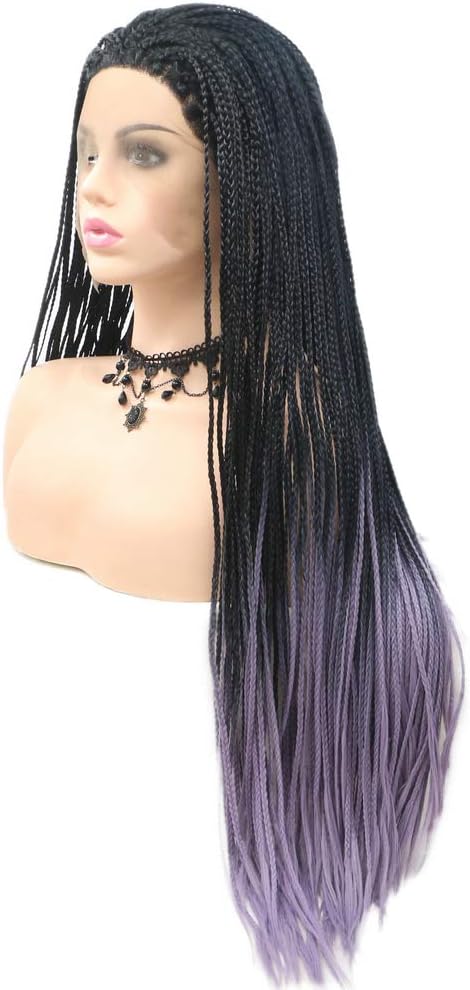 26inches Long Box Braids Wig Black Roots Ombre Purple Wig Synthetic Lace Front Wigs Braided Wig Natural Hairline Lilac Lavender Wig for Women Girls Free Part - Image 4