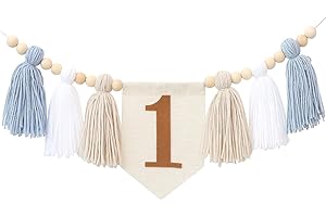 Ereniko Boho Blue Handmade 1st Birthday High Chair Banner First Highchair Banner For Baby Boys Wild One Wall Hangings Wood Bead Tassel Garland 1 Birthday Party Decorations Photoshoot Props Photo Props