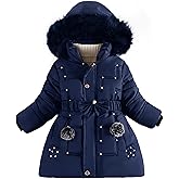 Happy Cherry Kid Girls Fleece Lining Coat with Belt Cute Pearl Dress Coat Winter Warm Fur Collar Snow Puffer Jacket 3-9Y