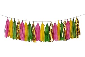 ZOOYOO Shiny Tassel Garland Tissue Paper Tassel Banner,Table Decor,DIY Kits for Hawaiian Summer Beach Pool Party, Tassels Party Decoration,Pack of 20 - (Hot Pink/Yellow/Green/Gold)