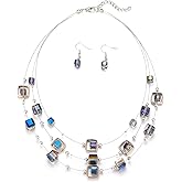 Layered Silver Beaded Necklace for Women Square Crystal Beads Statement Collar Necklace and Earrings Fashion Costumes Jewelry Sets for Women