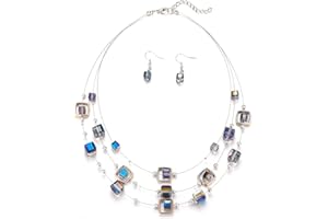 ERRALLY Layered Silver Beaded Necklace for Women Square Crystal Beads Statement Collar Necklace and Earrings Fashion Costumes Jewelry Sets for Women