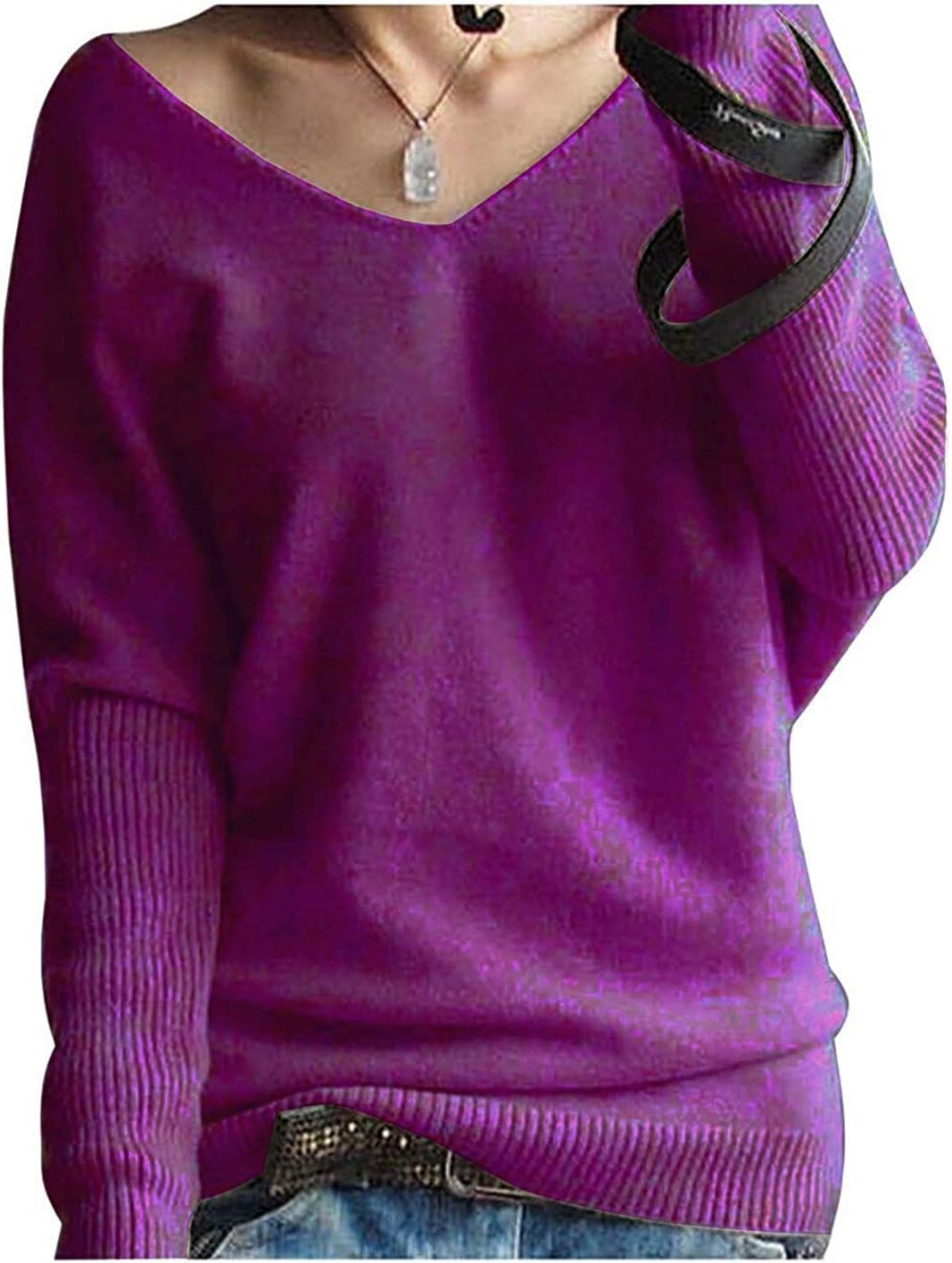 LONGMING Women's Fashion Big V-Neck Pullover Loose Sexy Batwing Sleeve Wool Cashmere Sweater Winter Tops