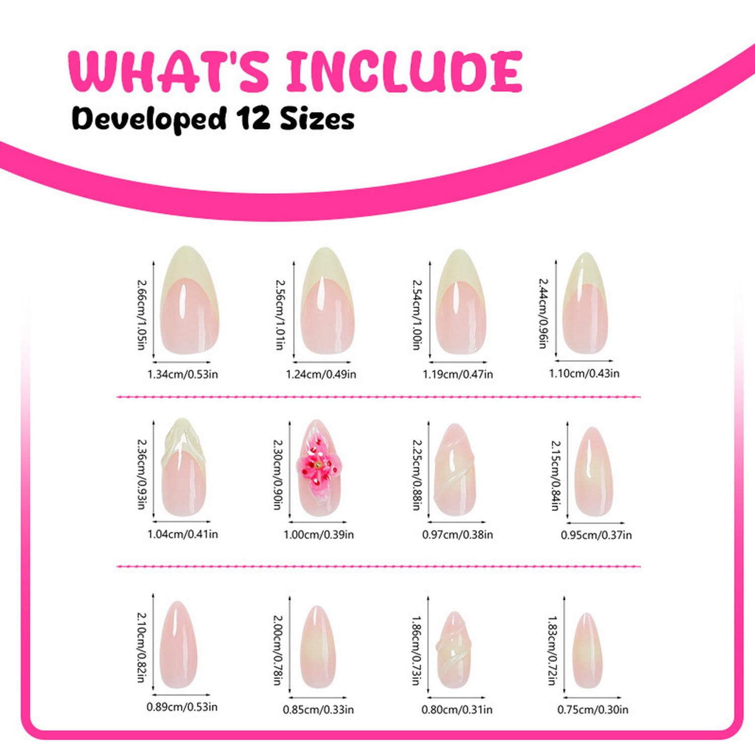 Summer Press on Nails Almond Fake Nails Full Cover Acrylic Nail Kit 3D Flower Charms Nails with designs French Tip Press ons Glossy Glue on Nails Pink False Nails for Women Beach Nails Decor24pcs - Image 4