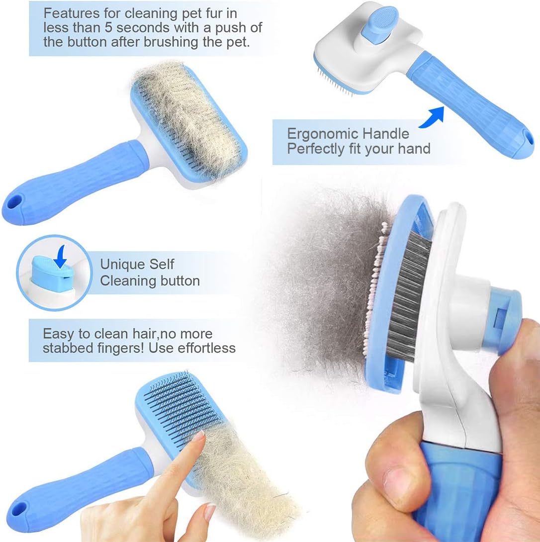 Atlamia Self Cleaning Slicker Brush, Dog Brush & Cat Brush with Massage Particles, Removes Loose Hair & Tangles, Skin Friendly & Promote Circulation-Blue