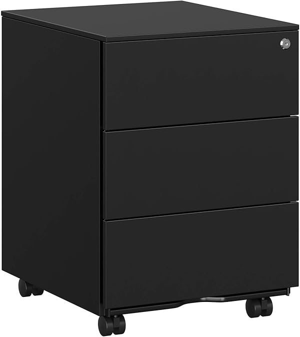 SONGMICS Schubladenschrank, Rollcontainer, mobiler Aktenschrank, Metallschrank, Druckertisch, abschließbar, 3 Schubladen, vormontiert, Büro, Homeoffice, 45 x 39 x 54 cm, tintenschwarz OFC63BK