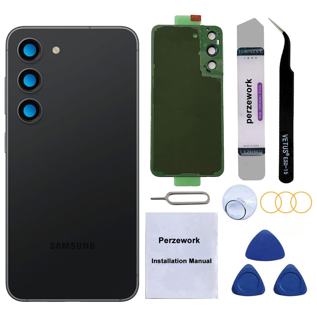Photo 1 of Perzework Rear Back Glass Replacement for Samsung Galaxy S23 with Reparing Toolkit and Manual (Phantom Black)