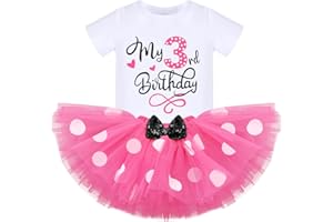 IDOPIP 3rd Birthday Girl Outfit Baby Shirt Polka Dots Tutu Skirt Ear Headband for 3 Year Old Princess Cake Smash Photo Prop