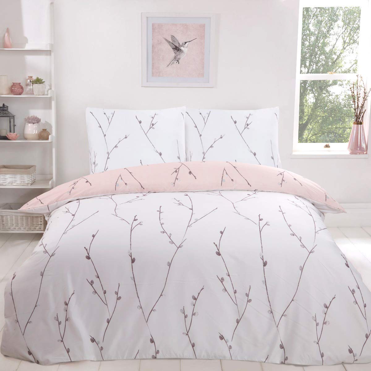 Sleepdown Willow Floral Blush Pink Ultra Soft Easy Care Hypoallergenic Printed White Reversible Duvet Cover Quilt Bedding Set - 135cm x 200cm + 1 Pillowcase 80cm x 80cm