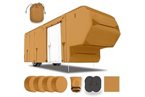 Lanceton 33-37Ft Fifth Wheel RV Cover 5th Wheel Trailer Motorhome Camper Cover 7-Layers Premium Heavy-Duty Waterproof Windproof Anti-UV Breathable Fabric Including 4 Tire Covers