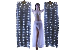 Aumulen Women 1 Pair Hand Made Belly Dance LED Fan Veil 1.8M Long Bamboo Silk Fans (Pure white)