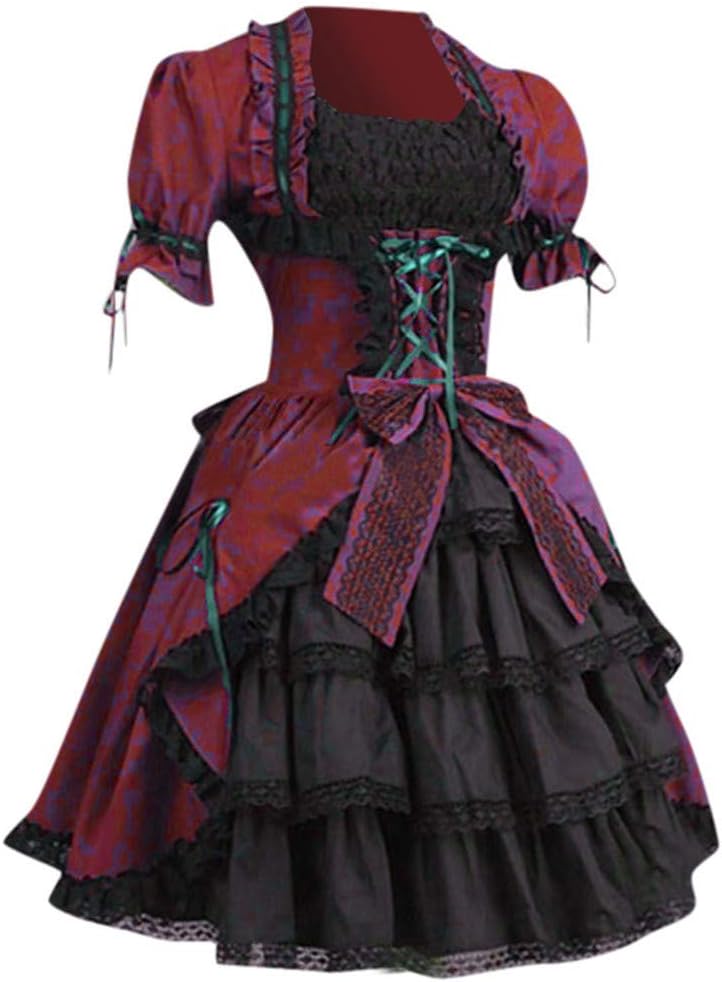 Womens Vintage Dress Medieval Gothic Court Square Collar Bow Gown Pleated Lolita Evening Party Dress