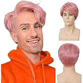 Amnenl Pink Mens Short Wig Layered Side Part Synthetic Wig Natural Fluffy Male Hair Wig With Bangs for Halloween Cosplay Daily Use
