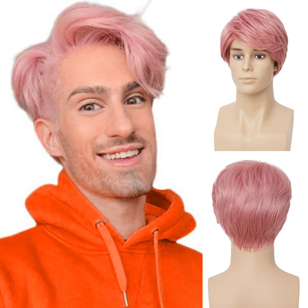Photo 1 of Amnenl Pink Mens Short Wig Layered Side Part Synthetic Wig Natural Fluffy Male Hair Wig With Bangs for Halloween Cosplay Daily Use