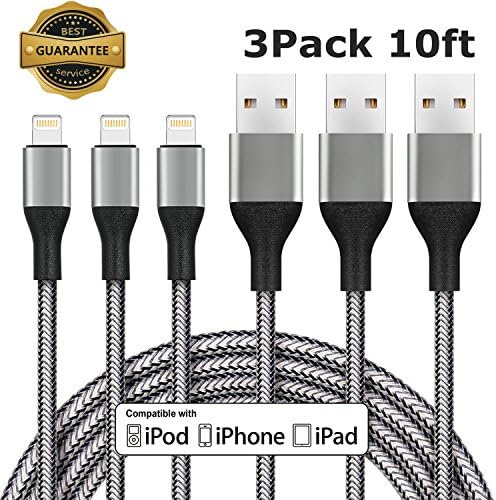 Everdigi iPhone Charger 3Pack 10FT Extra Lightning Cable Nylon Braided Charging Cable Cord for iPhone X, 8, 8 Plus, 7, 7 Plus, 6s, 6s Plus, 6, 6 Plus, SE, iPad-Black&amp;White