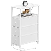TUTOTAK Narrow Night Stand with Charging Station, Slim End Table with Plugins, Tall Side Table with 3 Fabric Drawer, Small Bedside Table with Storage, Living Room, Bedroom, White TB01BW086