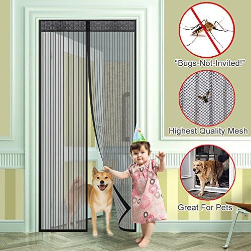 Magnetic Mesh Screen Door, FlyCreat Heavy Duty Door Curtain and Full Frame Velcro Hands Free Keep Bugs Out Fits Door Size up to 34"-82" Max