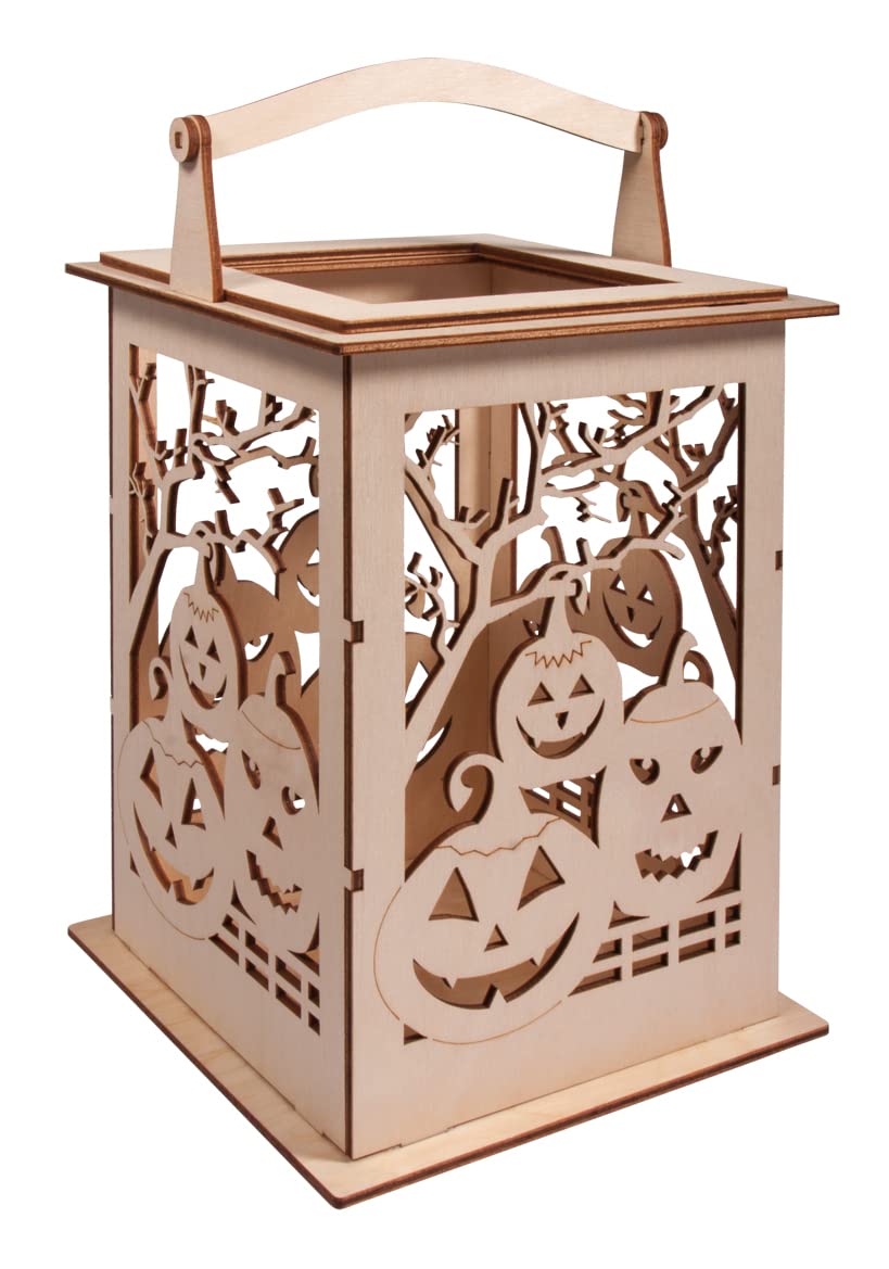 Rayher Wooden Lantern Building Kit with Halloween Pumpkin Design, DIY Wood Craft Set with 15 slot-together Pieces, natural wood, 15.3x15.3x26.5cm, 62893505