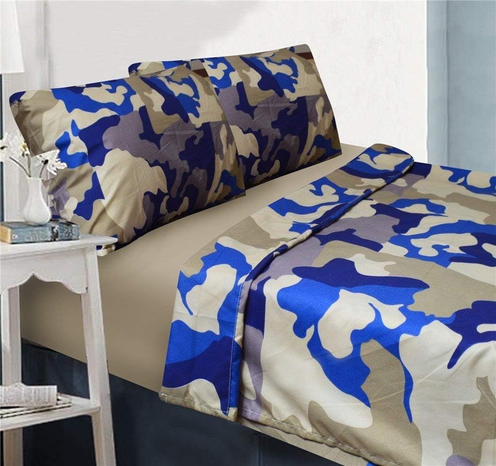 Fancy Linen Kids/Teens Sheet Set Army Navy Camouflage Beige Taupe Blue New (Full)