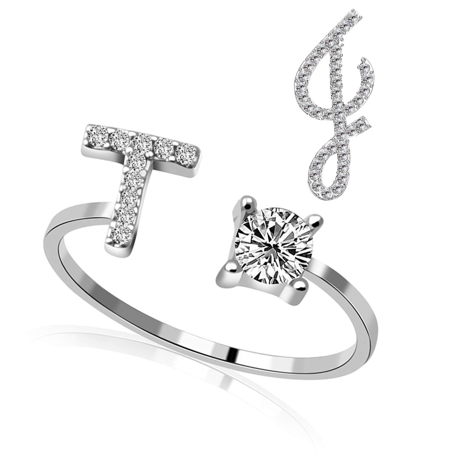 RINHOO Initial Knuckle Rings and Brooch Pin Silver Crystal 26 A-Z Letter Alphabet Adjustable Ring for Women Girl Jewelry, Crystal