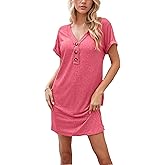 AIMITAG Button V Neck Shirt Dress for Womens Solid Color Summer Short Sleeve Mini Dresses Vacation Casual Beach Praty Dress