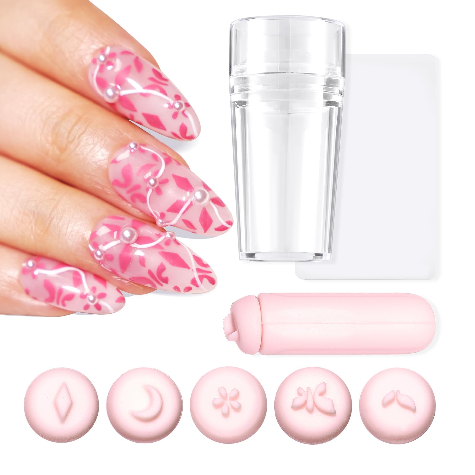 U-Shinein Nail Stamper Kit, French Silicone Nail Stamper Kit & Nail Art Stamp Pen, Nail Art Pen Replaceable Flower Leaf Nail Stamping Tool with Different Patterns Pink Home DIY Nail Art Salon，#Pink