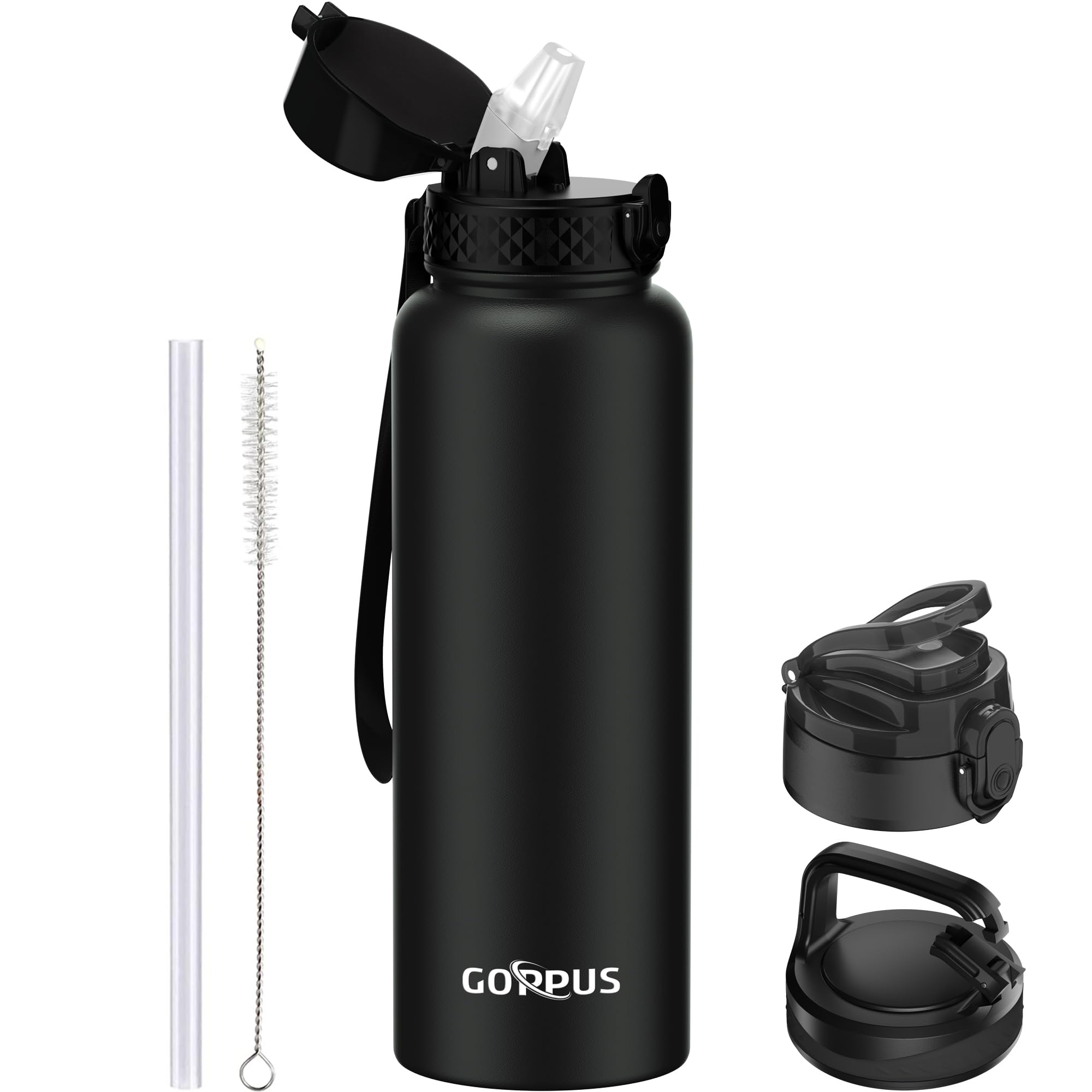 GOPPUS 1.2L/40oz Stainless Water Bottle with Straw Double Wall Insulated Bottles with Strap Large Vacuum Thermal Flask Leakproof Keep Cold Drinks Bottles with Flip Top Lid for Men Women BPA Free