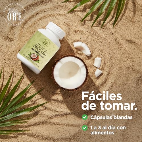 ORE Aceite de Orégano y Coco, 100 Cápsulas Softgel, 500 mg, Suplemento Natural, Orgánico, Aceite de Orégano con 80% Carvacrol y Aceite de Coco